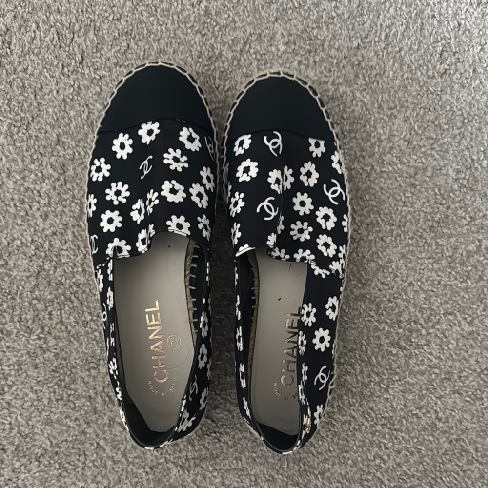 Chanel Black and White Espadrilles with Floral Design